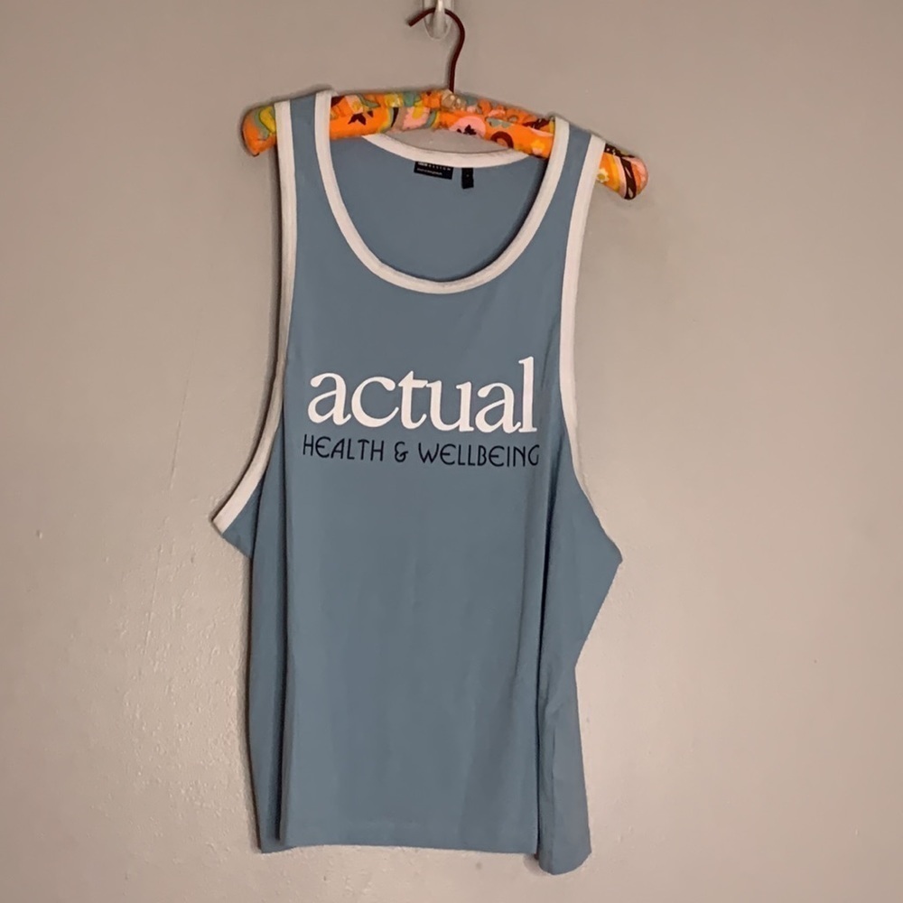NWOT ASOS Men’s Actual health and wellbeing tank top graphic print light blue